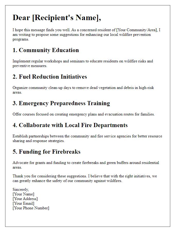 Letter template of suggestion for local wildfire prevention programs