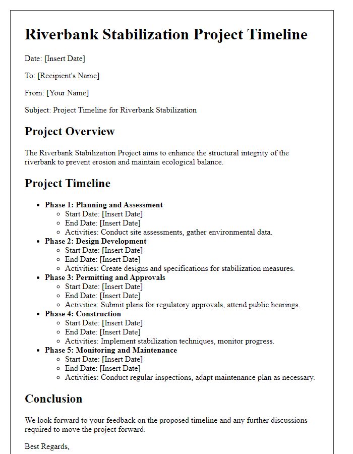 Letter template of riverbank stabilization project timeline outline