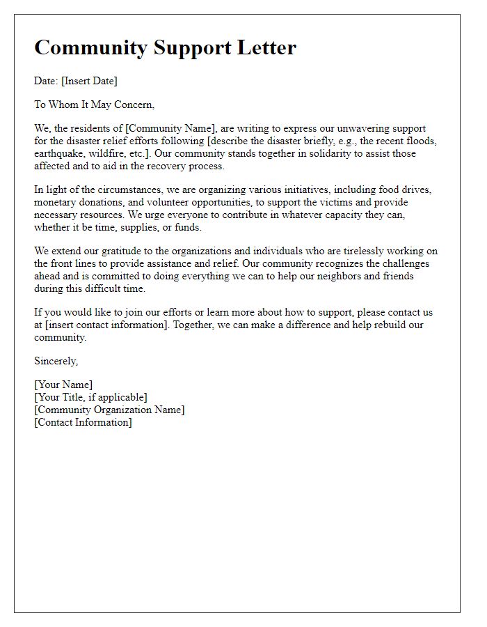 Letter template of community support for disaster relief