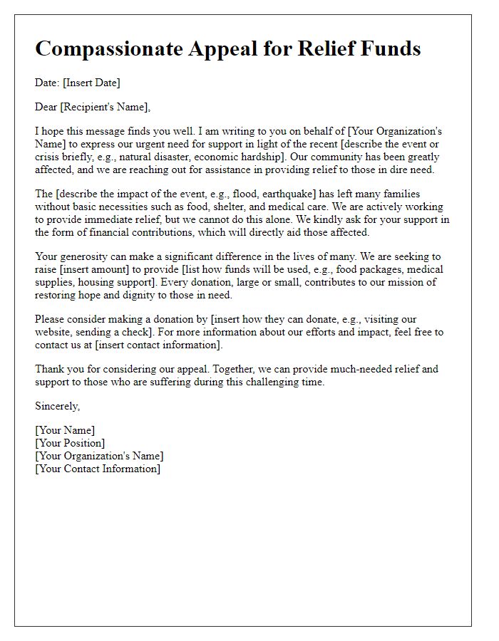 Letter template of compassionate appeal for relief funds