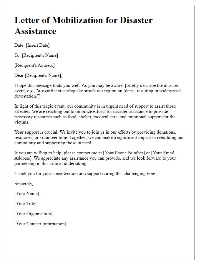 Letter template of mobilizing support for disaster assistance