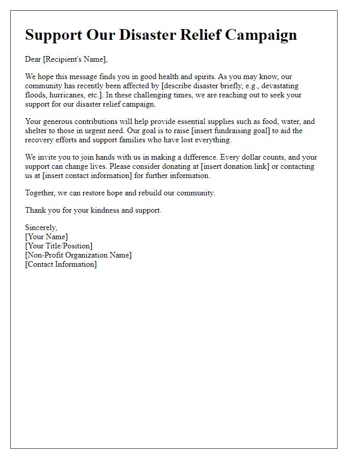 Letter template of non-profit campaign for disaster relief