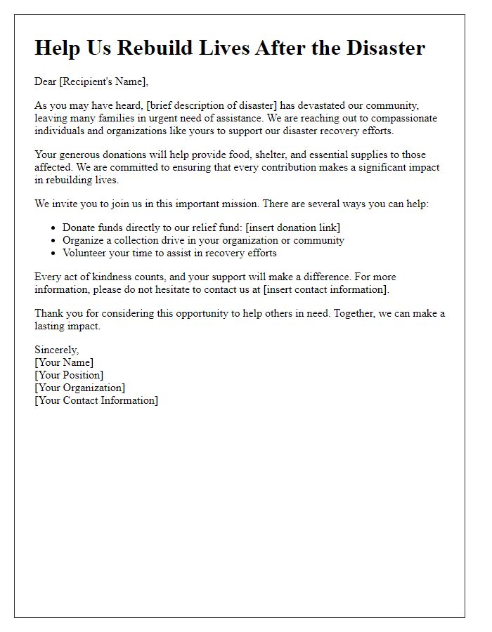 Letter template of outreach for disaster recovery donations