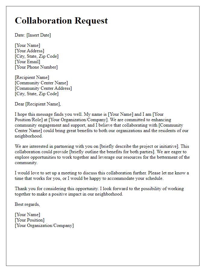 Letter template of collaboration request with neighborhood community center.