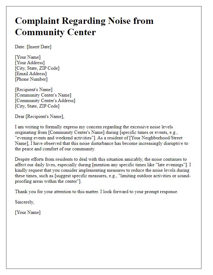 Letter template of complaint regarding neighborhood community center noise.