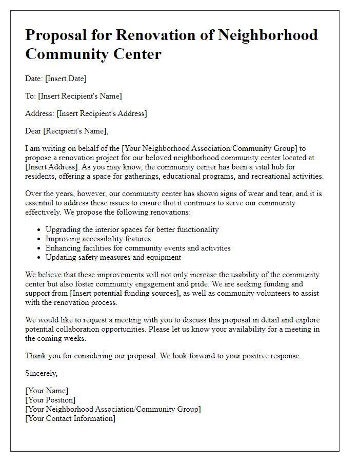 Letter template of proposal for neighborhood community center renovation.