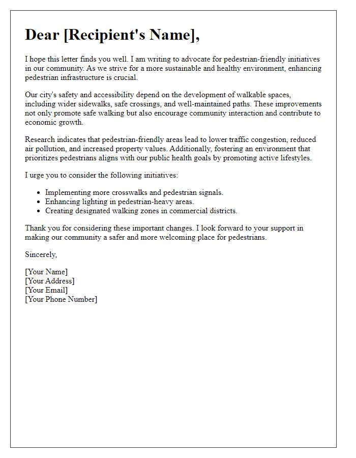 Letter template of advocacy for pedestrian-friendly initiatives