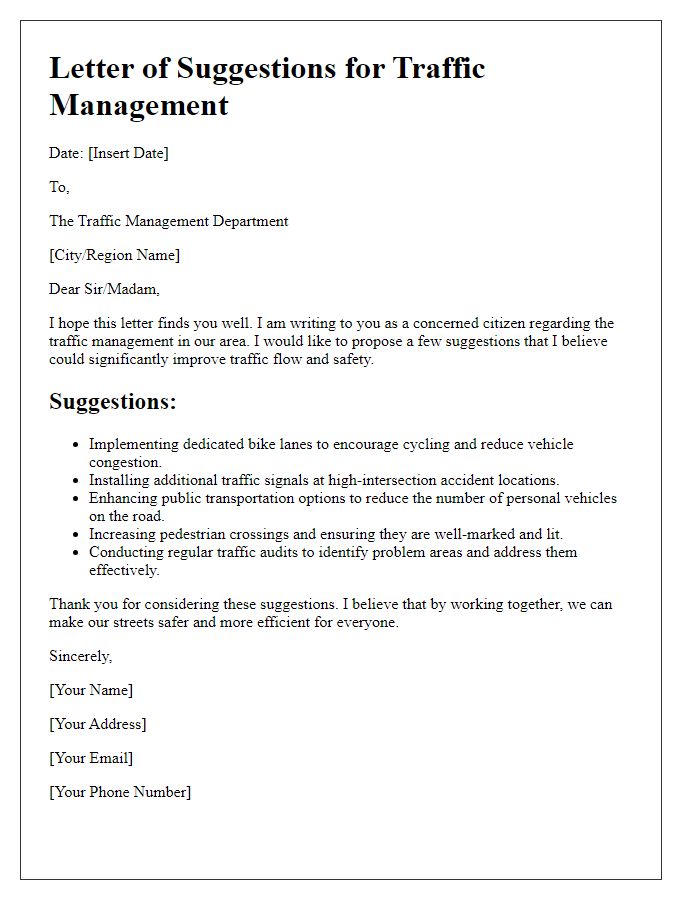 Letter template of citizens suggestions for traffic management