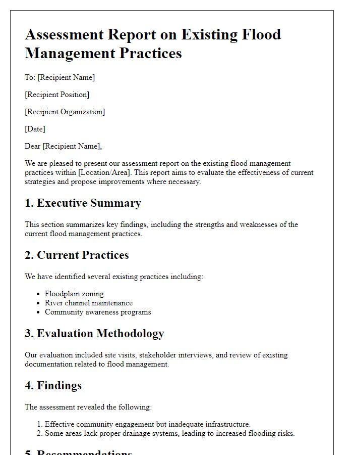 Letter template of assessment report on existing flood management practices