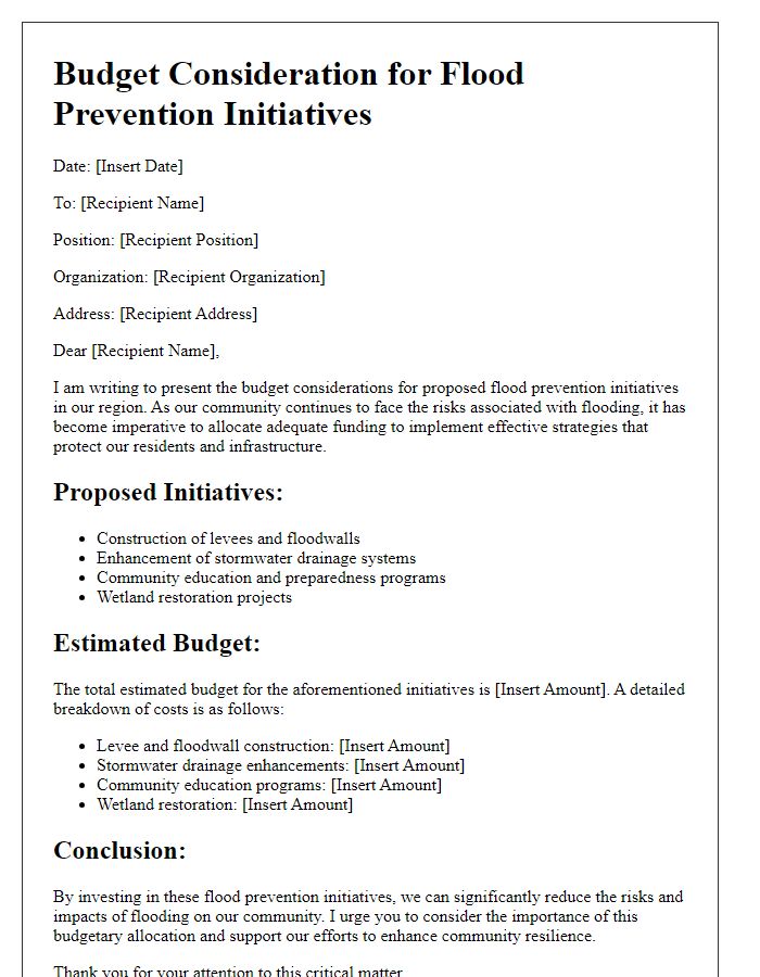 Letter template of budget considerations for flood prevention initiatives