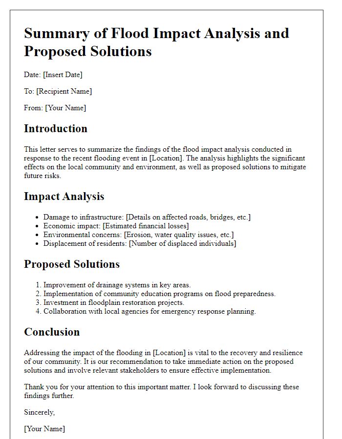 Letter template of summary on flood impact analysis and solutions