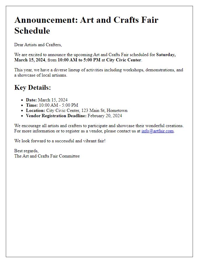 Letter template of announcement for the art and crafts fair schedule