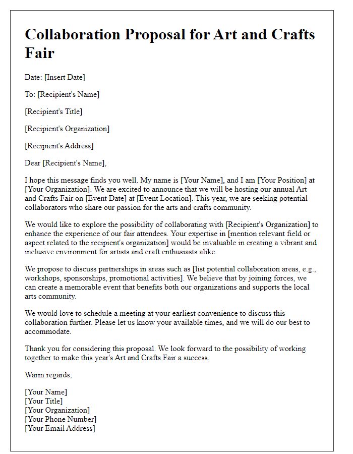 Letter template of collaboration proposal for the art and crafts fair