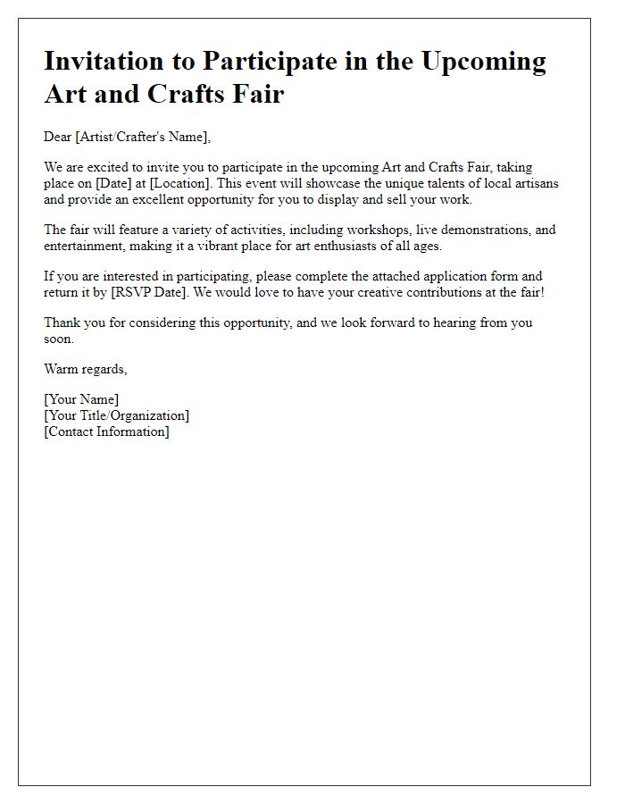 Letter template of invitation for an art and crafts fair participation