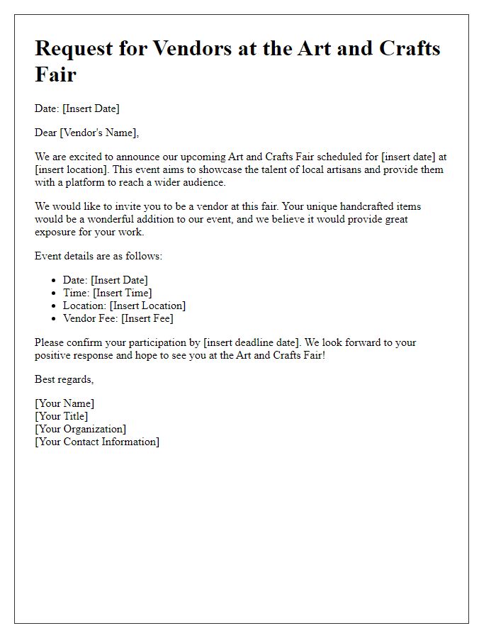 Letter template of request for vendors at the art and crafts fair