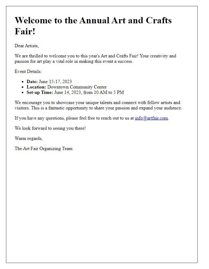 Letter template of welcoming artists to the art and crafts fair