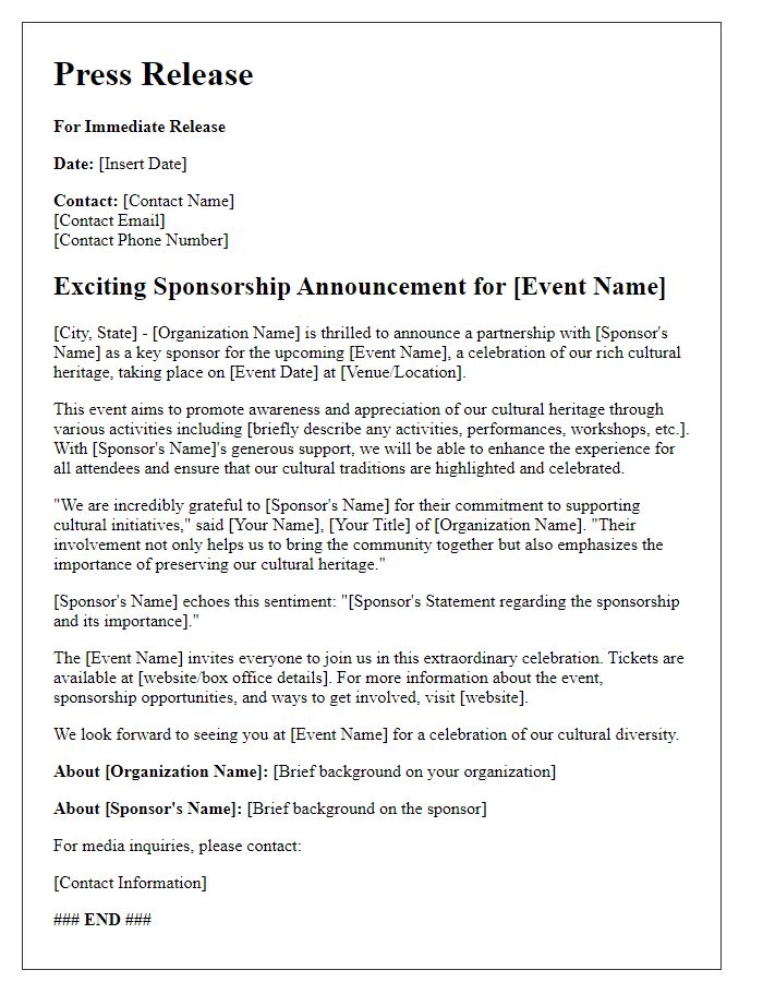 Letter template of sponsorship announcement for cultural heritage events