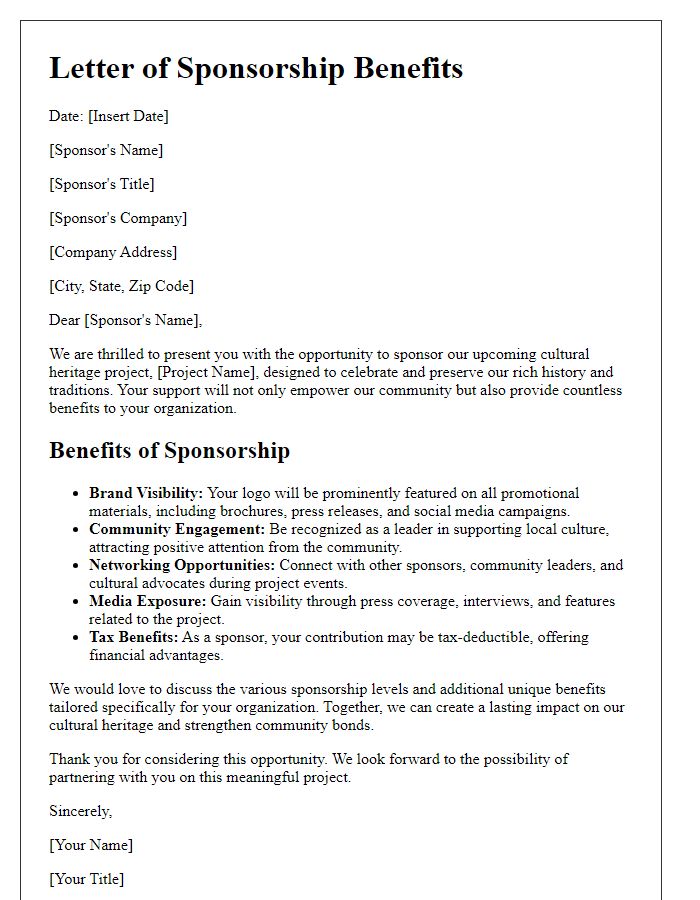 Letter template of sponsorship benefits for cultural heritage projects