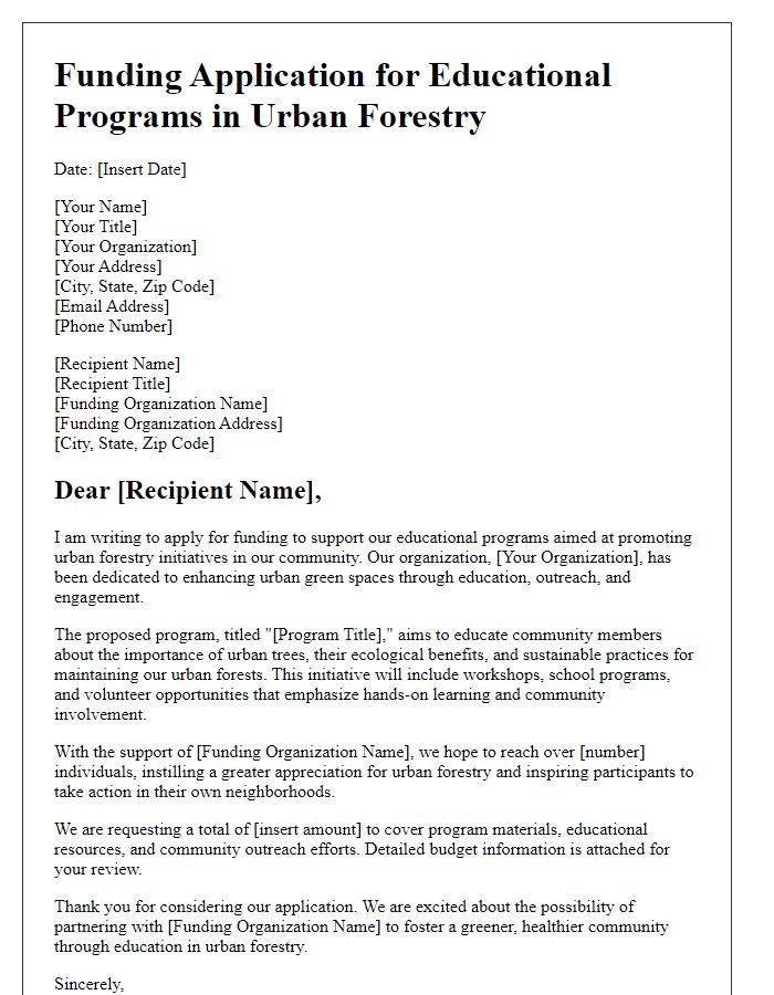 Letter template of urban forestry funding application for educational programs.