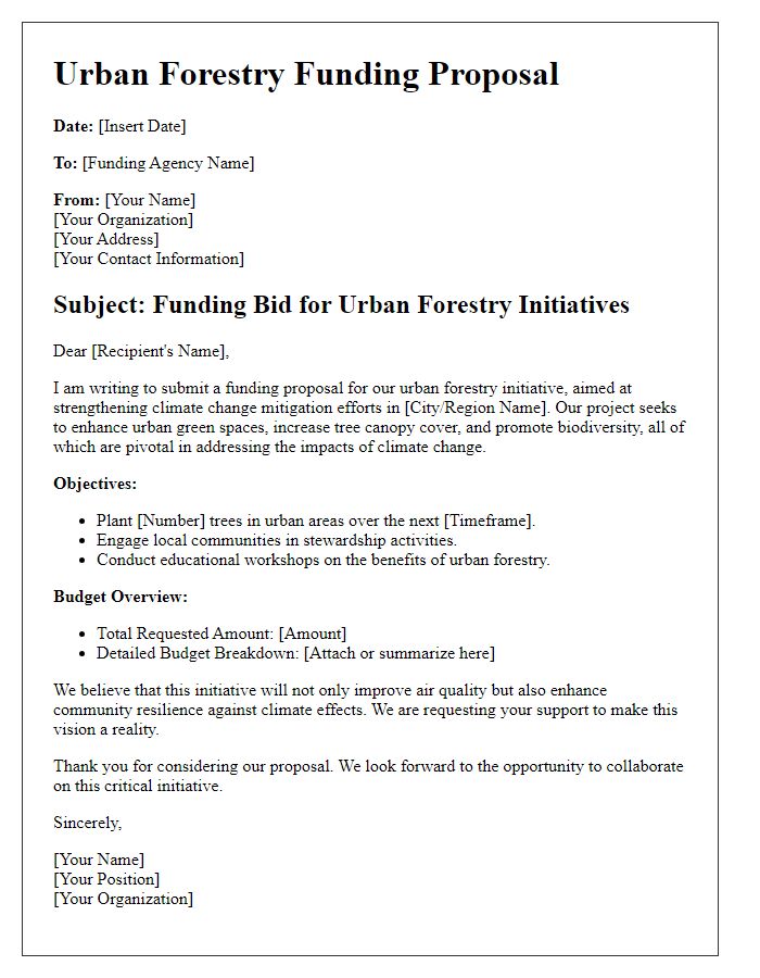 Letter template of urban forestry funding bid for climate change mitigation.