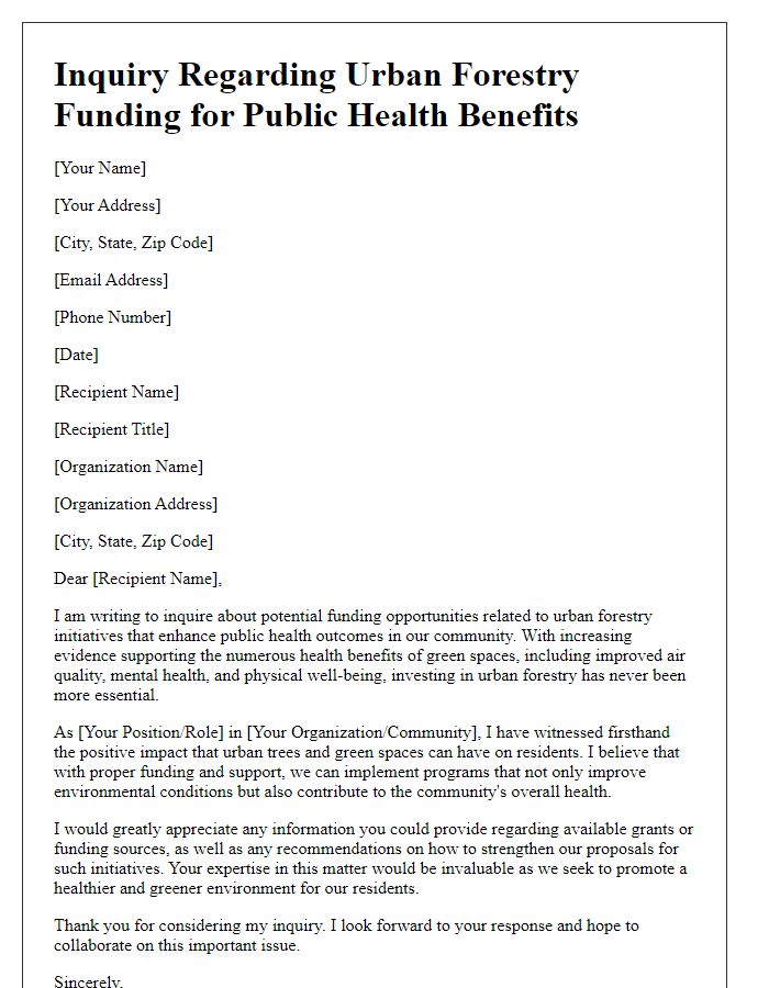 Letter template of urban forestry funding inquiry for public health benefits.