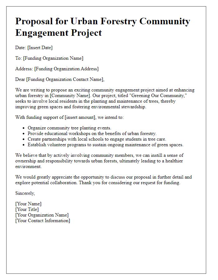 Letter template of urban forestry funding proposal for community engagement projects.