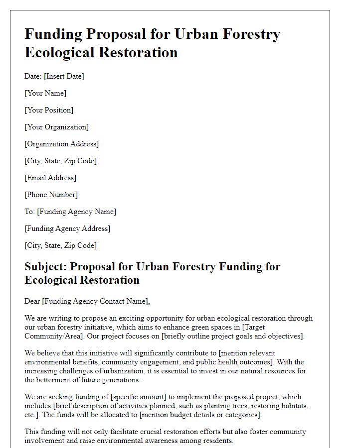 Letter template of urban forestry funding proposal for ecological restoration.