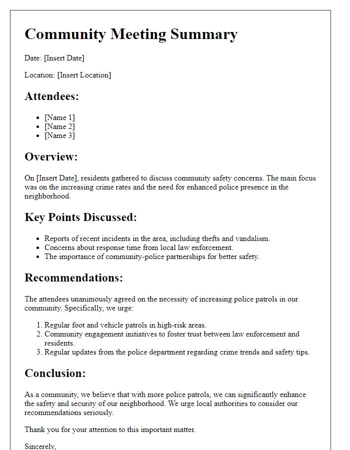 Letter template of community meeting summary urging more police patrols