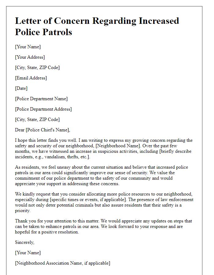 Letter template of neighborhood concern seeking more police patrols