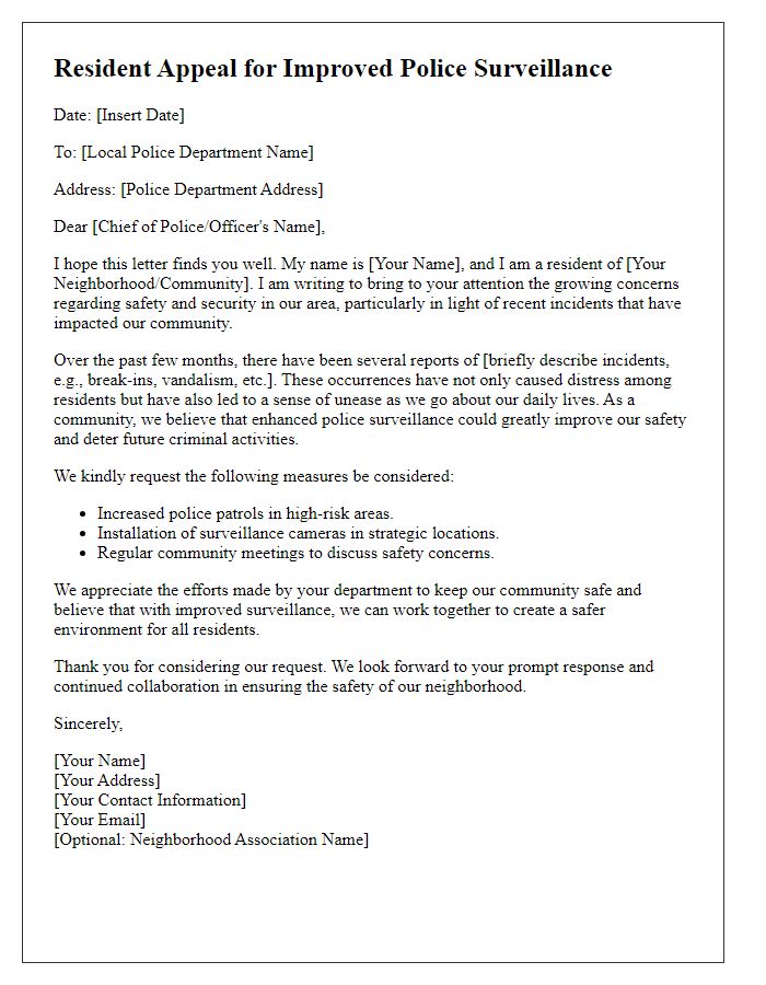 Letter template of resident appeal for improved police surveillance