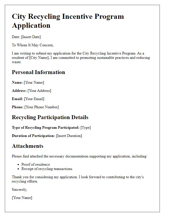 Letter template of city recycling incentive program application submission