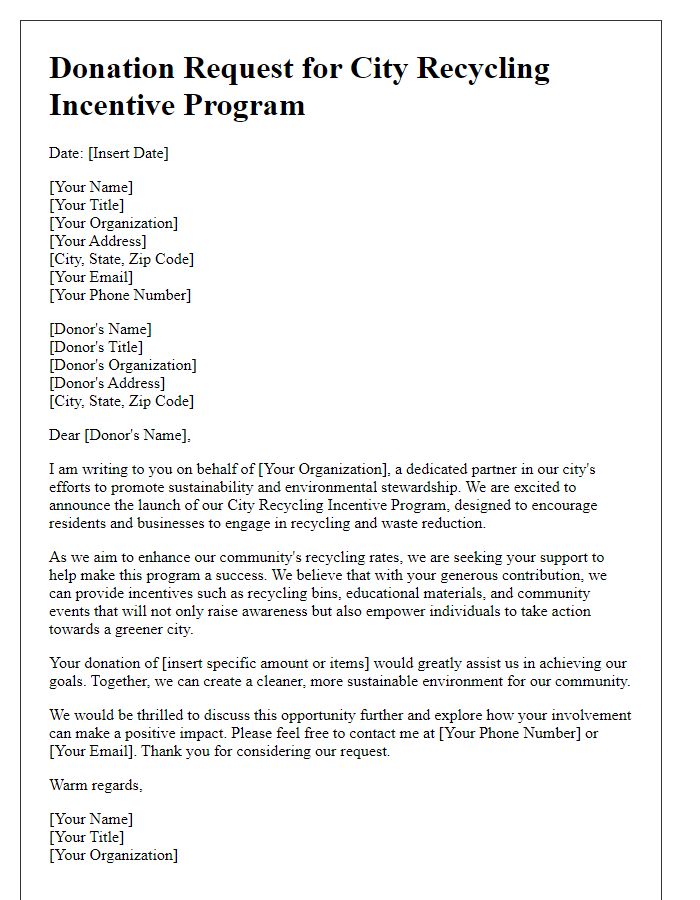 Letter template of city recycling incentive program donation request