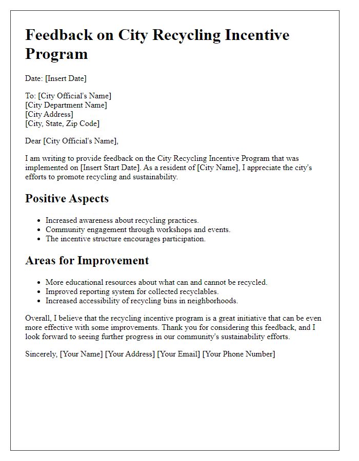 Letter template of city recycling incentive program feedback