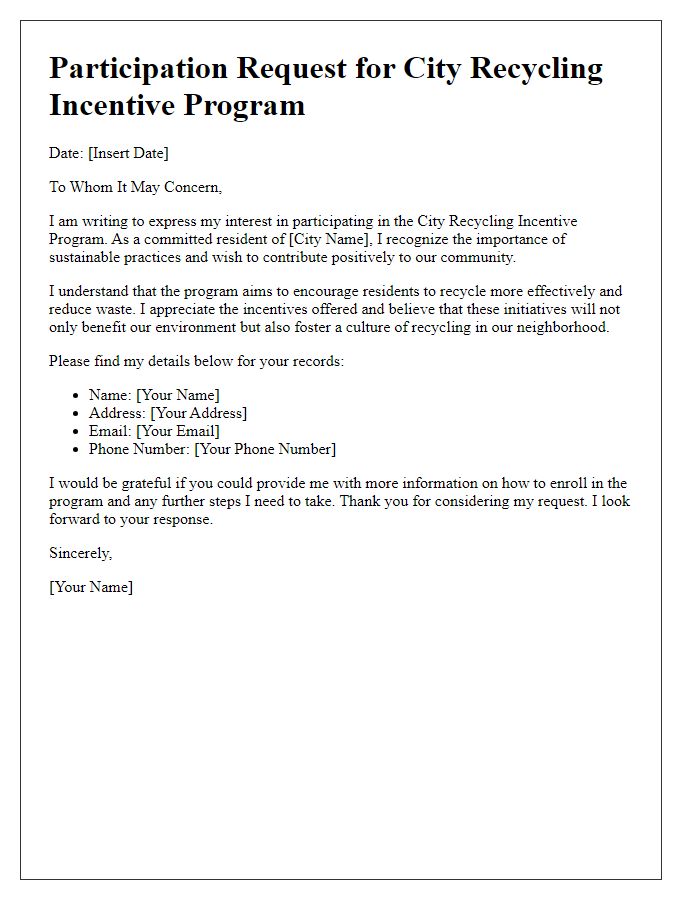 Letter template of city recycling incentive program participation request