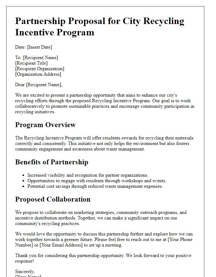 Letter template of city recycling incentive program partnership proposal