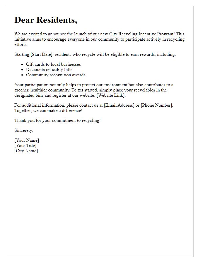 Letter template of city recycling incentive program promotional outreach