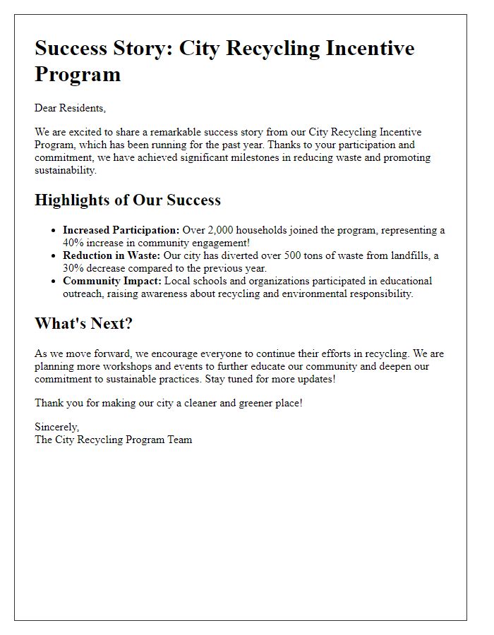 Letter template of city recycling incentive program success story sharing