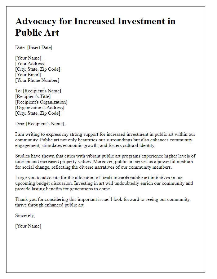 Letter template of advocacy for increased investment in public art.