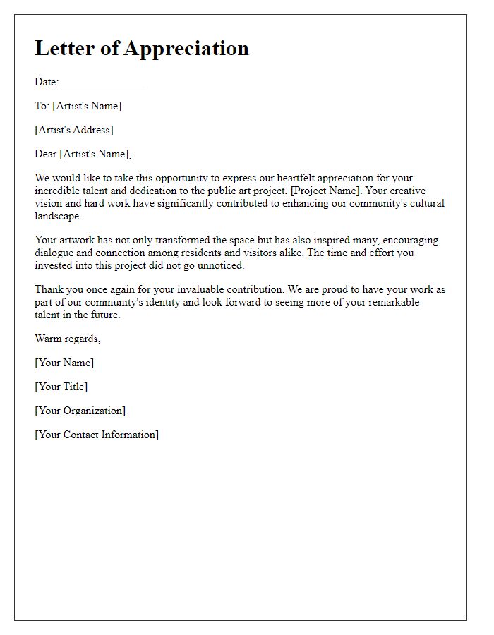 Letter template of appreciation for artists involved in public art.