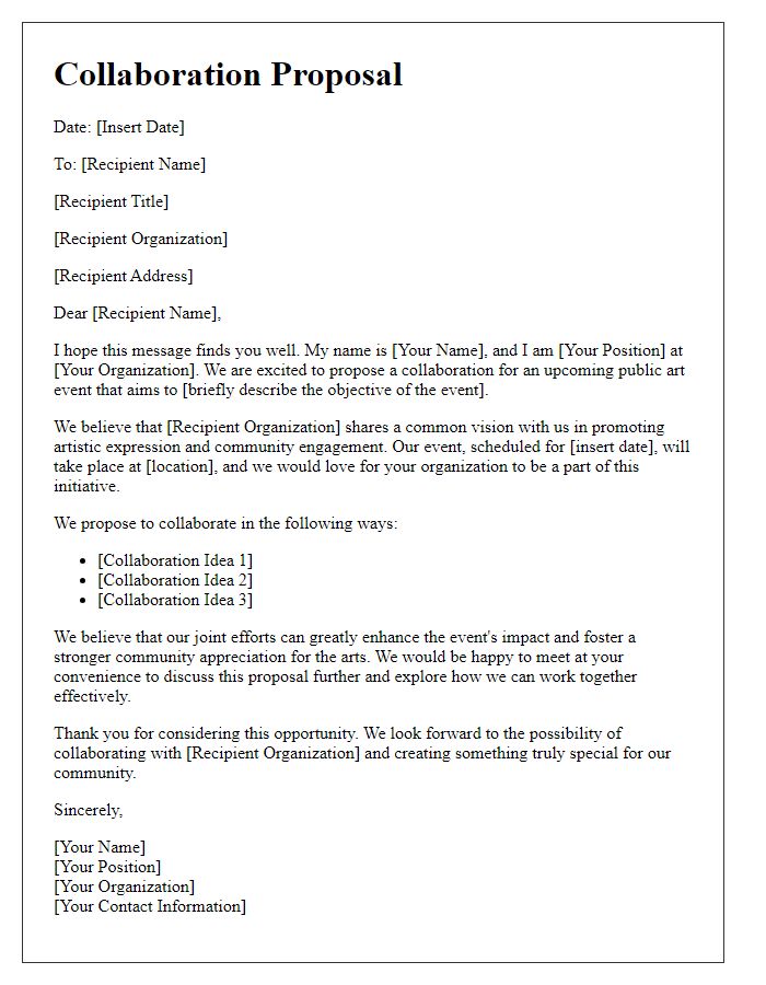 Letter template of collaboration proposal for public art events.