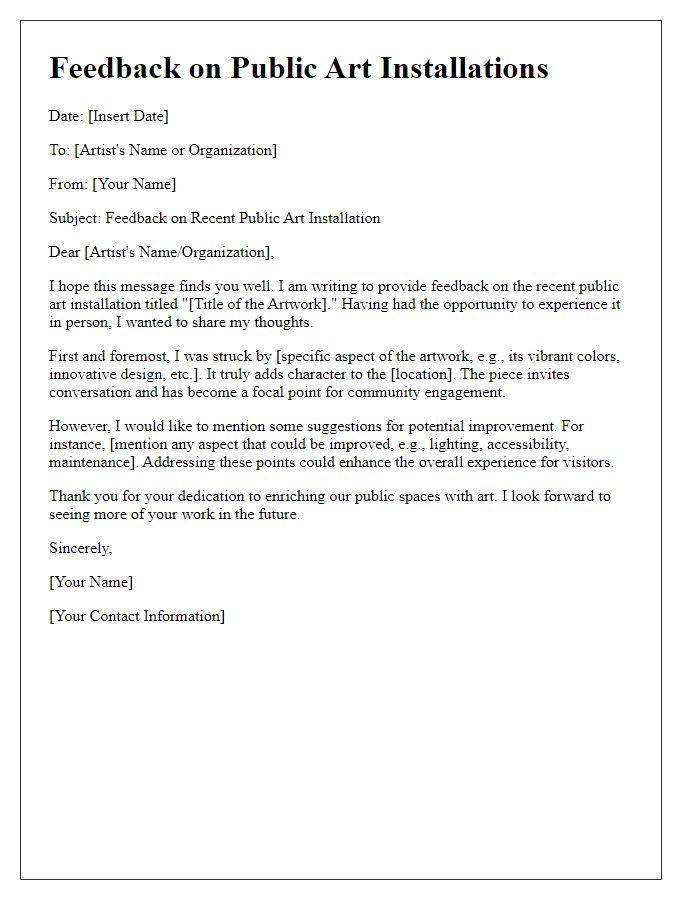 Letter template of feedback on public art installations.