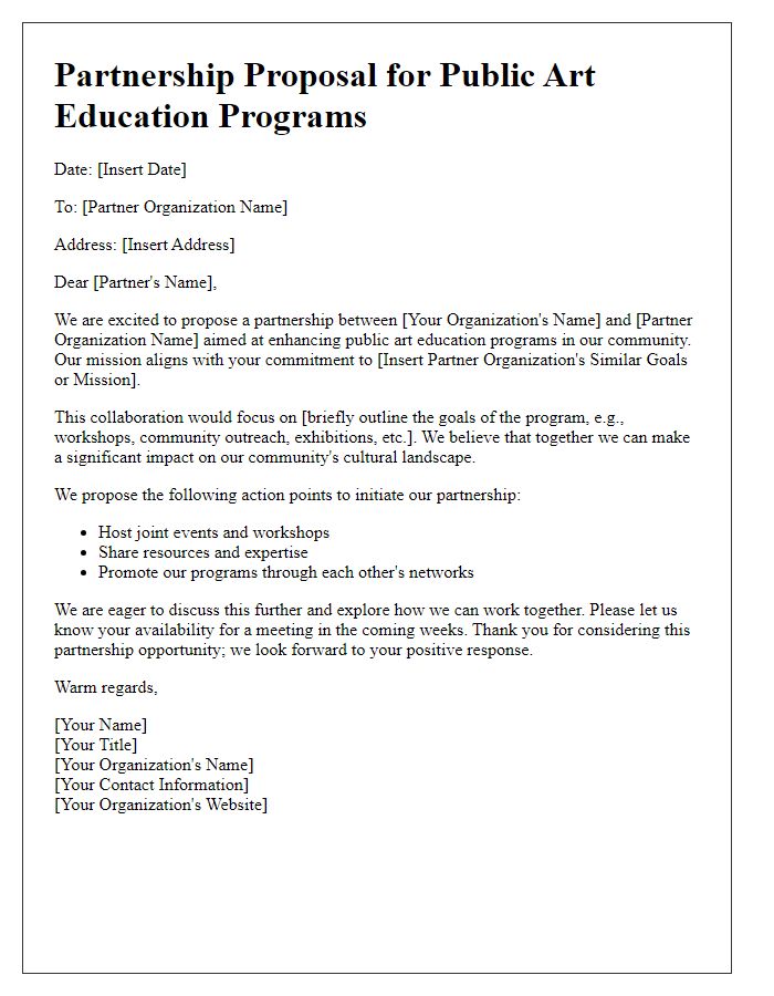 Letter template of partnership for public art education programs.