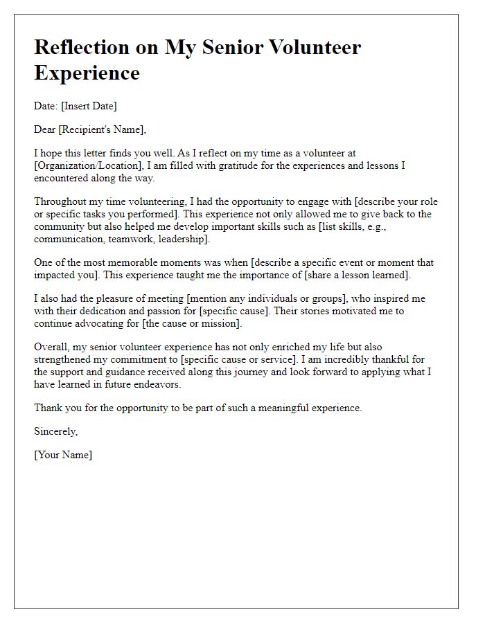 Letter template of Reflection on Senior Volunteer Experience