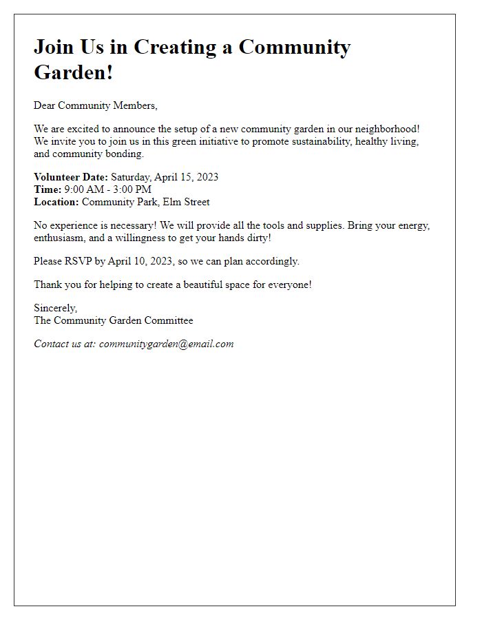 Letter template of call for volunteers for community garden setup.