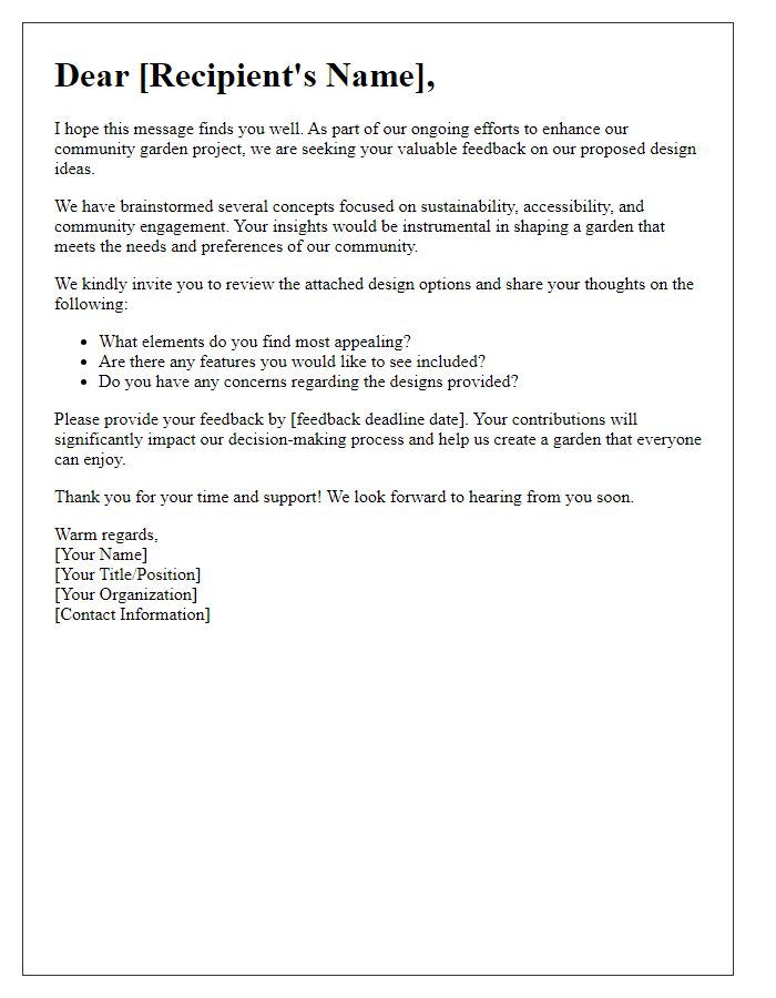 Letter template of feedback request on community garden design ideas.