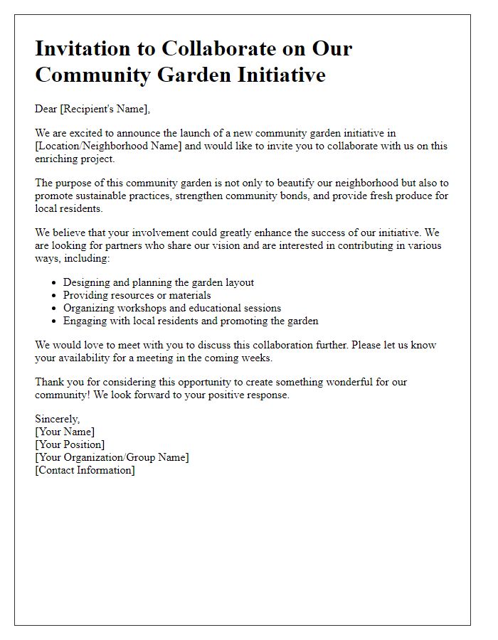 Letter template of invitation to collaborate on a community garden initiative.