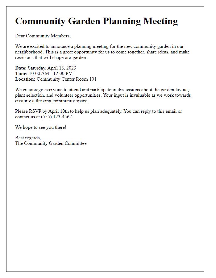 Letter template of notification about community garden planning meeting.