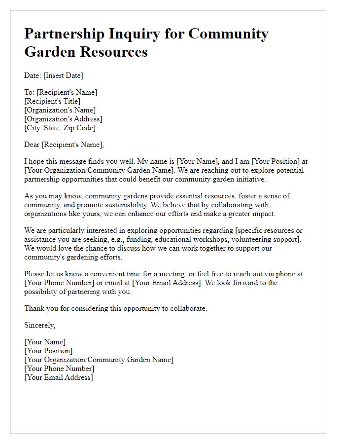 Letter template of partnership inquiry for community garden resources.