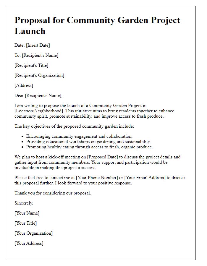 Letter template of proposal for community garden project launch.