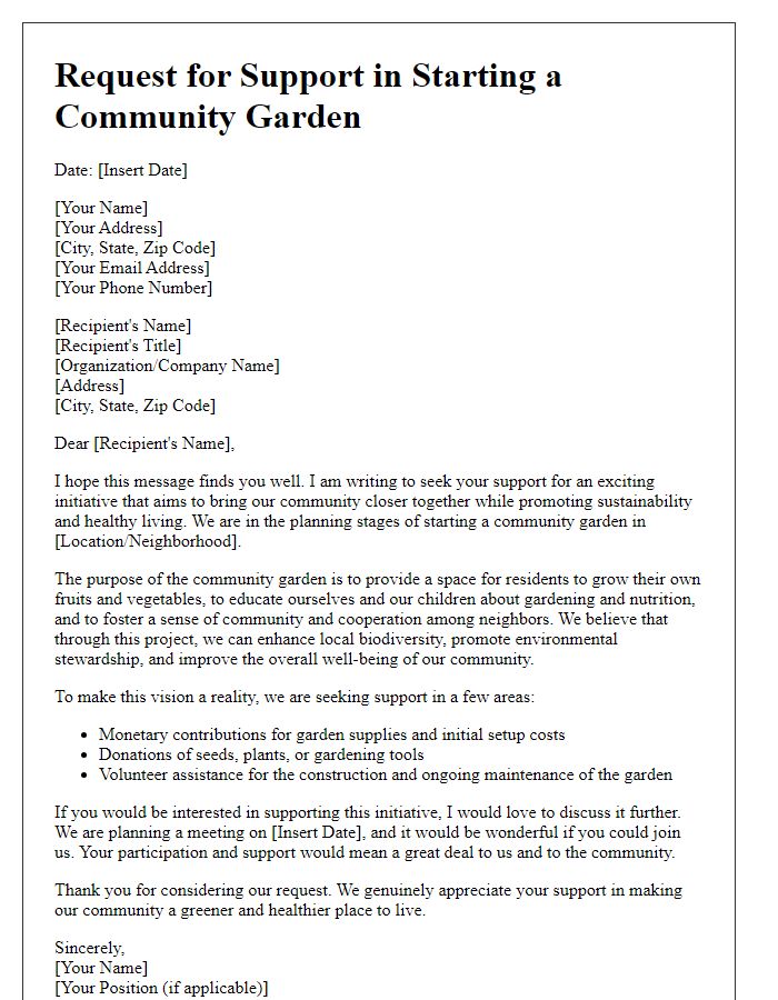 Letter template of request for support in starting a community garden.